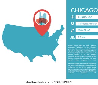 Chicago pin point map shape vector infographics template. Modern city data statistic isolated illustration