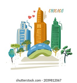 Chicago poster with landmarks icons set. Traditional symbols, buildings full color cartoon vector illustration.