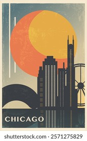 Chicago retro city poster with abstract shapes of skyline, buildings. USA, Illinois state vintage travel vector illustration, cityscape at sunrise, sunset