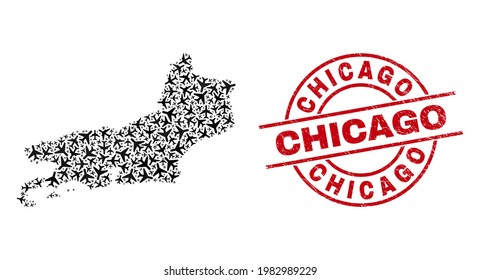 Gummi-Siegel von Chicago und Piaui State Karte Collage von Flugzeugelementen. Mosaik Piaui State Map entworfen mit Flugzeugen. Rotes Siegel mit Chicago Wort, und gekratzte Gummistruktur.