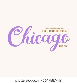 Chicago Running Squad Typography Design, Vintage Sport Lettering, Midwest Track Champions, Retro City ’92 Script, Heart Elements, T-Shirt Print, Poster, Sticker, Fashion Graphic Vector