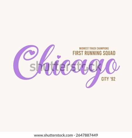 Chicago Running Squad Typography Design, Vintage Sport Lettering, Midwest Track Champions, Retro City ’92 Script, Heart Elements, T-Shirt Print, Poster, Sticker, Fashion Graphic Vector