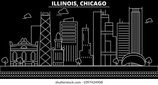 Chicago silhouette skyline. USA - Chicago vector city, american linear architecture, buildings. Chicago travel illustration, outline landmarks. USA flat icon, american line banner