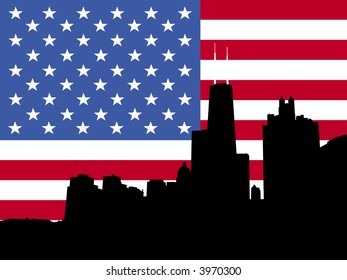 Chicago Skyline against American flag illustration