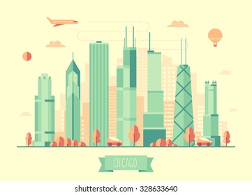 Arquitectura del horizonte de Chicago, ilustración vectorial con plano, automóviles y globos de aire, diseño plano