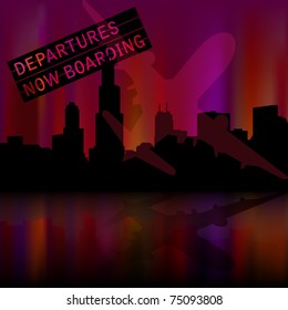 Chicago skyline background with airplane
