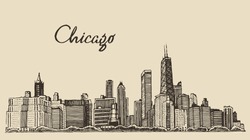 Ciel De Chicago, Grande Ville, Architecture, Illustration Vectorielle De Gravure, Illustration Vectorielle Dessinée à La Main