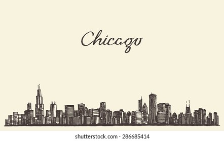 Chicago skyline, big city, architecture, engraving vector illustration, hand drawn