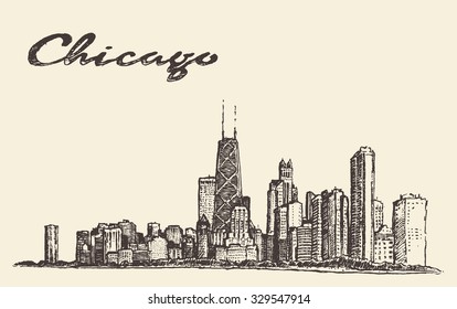 Chicago skyline, big city architecture, engraving vector illustration, hand drawn