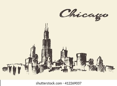 Chicago skyline, big city architecture, engraving vector illustration, hand drawn