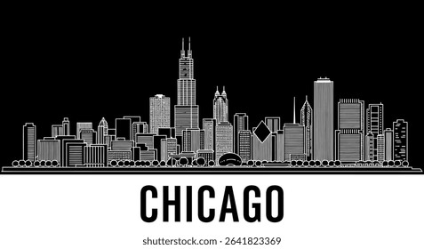 Chicago Skyline Black White Silhouette.