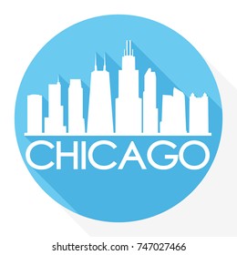 Chicago Skyline Button Icon Round Flat Vector Art Design Color Background.