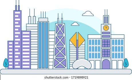 Chicago Skyline City Flat Design Town USA