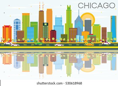 Chicago Skyline with Color Buildings and Reflections. Vector Illustration. Business Travel and Tourism Concept with Modern Architecture. Image for Presentation Banner Placard and Web Site.