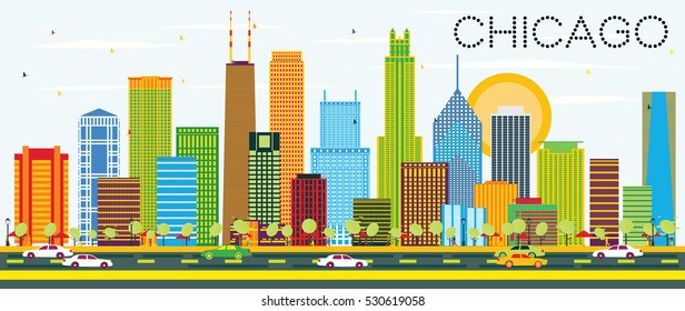 Chicago Skyline with Color Buildings. Vector Illustration. Business Travel and Tourism Concept with Modern Architecture. Image for Presentation Banner Placard and Web Site.