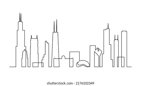 Chicago skyline in continuous line art drawing style. Cityscape of Chicago with silhouettes of most famous buildings and towers. Black linear design isolated on white background. Vector illustration