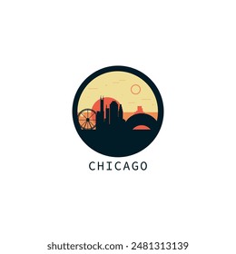 Chicago skyline, downtown panorama logo, logotype. USA, Washington state round badge contour, isolated vector vintage pictogram with monuments, landmarks