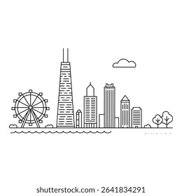 Chicago skyline with iconic buildings and ferris wheel in line art