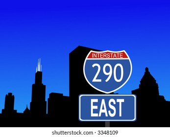 Chicago Skyline and interstate 290 sign illustration