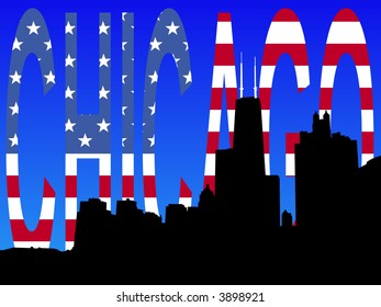 Chicago Skyline looking south from Lake Shore Drive with flag