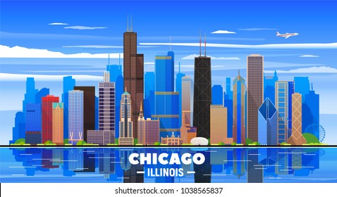 Esquina de Chicago sobre un fondo. Ilustración vectorial plana. Concepto de viajes de negocios y turismo con edificios modernos. Imagen para banner o sitio web.