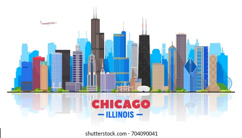 Chicago Skyline On A White Background. Flat Vector Illustration. Business Travel And Tourism Concept With Modern Buildings. Image For Banner Or Web Site.