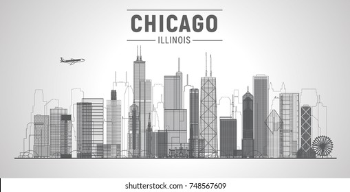 Chicago skyline on a white background. Flat vector illustration. Business travel and tourism concept with modern buildings. Image for banner or web site.