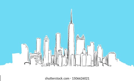 Chicago Skyline Panorama Vector Sketch. Hand-drawn Illustration on blue background.