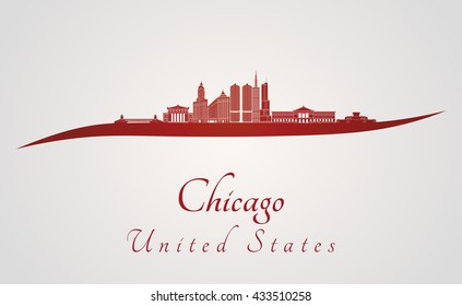 Chicago skyline in red and gray background in editable vector file