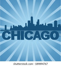 Chicago skyline reflected with blue sunburst vector illustration