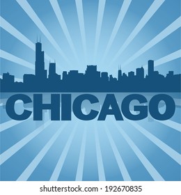 Chicago skyline reflected with blue sunburst vector illustration