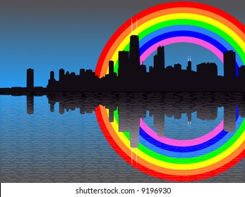 El horizonte de Chicago reflejado con una colorida ilustración del arco iris