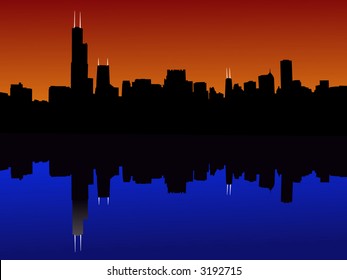 Línea aérea de Chicago reflejada en la ilustración al atardecer