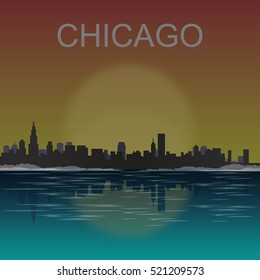 Chicago skyline reflected at sunset vector illustration.