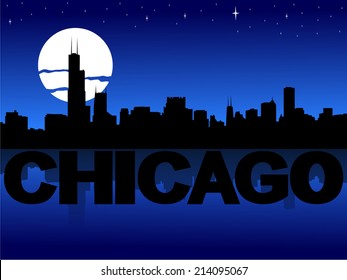 Línea de horizonte de Chicago reflejada en texto e ilustración de vectores lunares