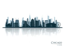 Silhouette De Chicago Avec Réflexion. Paysage De Chicago, Illinois. Illustration Vectorielle.