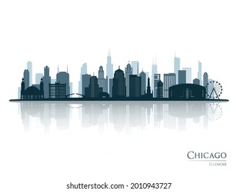 Silueta de líneas horizontales de Chicago con reflexión. Paisaje Chicago, Illinois. Ilustración vectorial.