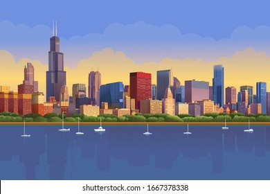 Chicago skyline in sunny sunset reflected in water. Chicago yacht panorama