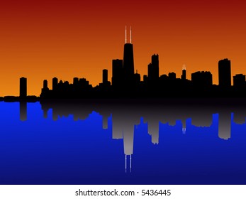 Línea de Skyline de Chicago al atardecer reflejada en el lago michigan