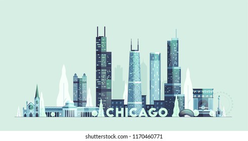 Chicago skyline, United States, detail city silhouette, vector illustration