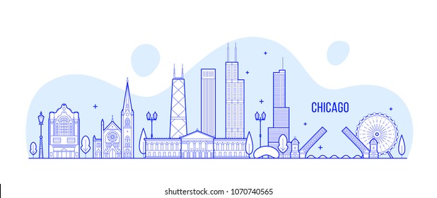 Chicago skyline, USA. This vector illustration represents the city with its most notable buildings. Vector is fully editable, every object is holistic and movable