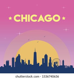 Chicago skyline vector illustration on sunset