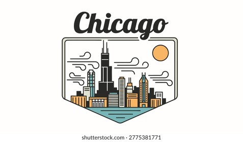 Chicago skyline vector illustration in a vintage badge style featuring city skyscrapers, sun, and wind symbols representing the Windy City.