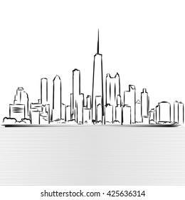 Chicago Skylinie Sketch. View from Michigan Lake, Hand Drawn Vector Illustration
