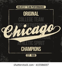 Chicago sportswear emblem. Athletic university apparel design with lettering and grunge. T-shirt graphics. Vector