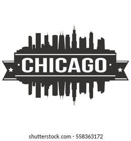 Chicago Stamp Skyline. Cityscape Vector Famous Buildings Clip Art Design. 