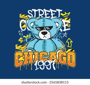 Chicago street culture slogan with bear doll in graffiti art style, perfect for t-shirts, streetwear, hoodies, urban design and more