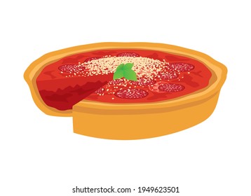 Chicago Style Deep Dish Pizza Icon Vector. Delicious Deep Dish Pizza Pie With Tomatoes, Salami And Cheese Icon Vector Isolated On A White Background