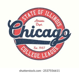 Chicago t-shirt design. Illinois college league tee shirt with inscription with swash. Graphics for athletic clothes. Grunge print for vintage sport apparel. Vector illustration.