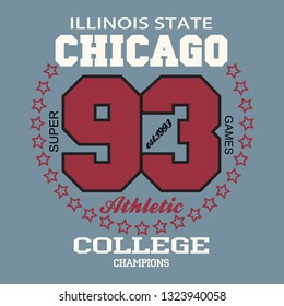 Chicago Typography Graphics, T-shirt Printing Design, Illinois original wear, Vintage Print for sportswear apparel. Vector